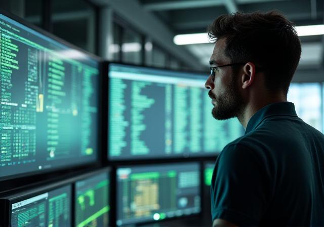 Professional monitoring a secure energy grid operations center