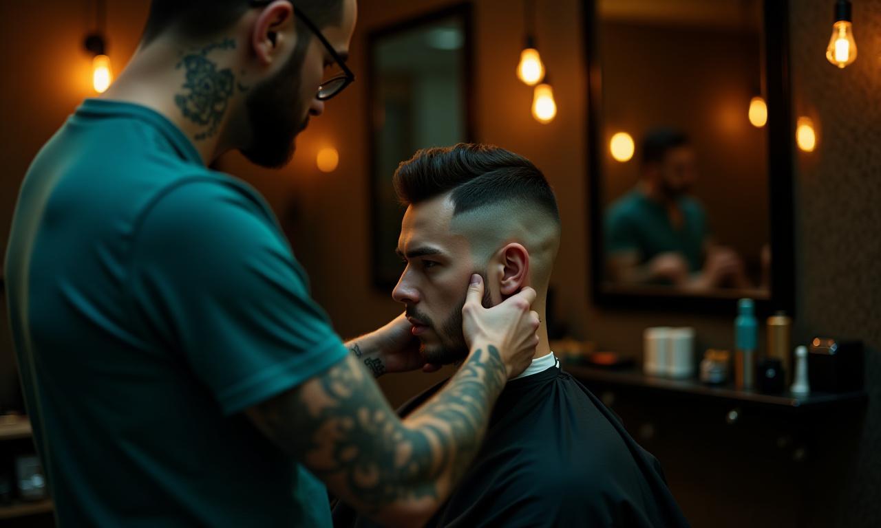 Barbiere esperto che lavora in un ambiente a tema astronomico con luci soffuse