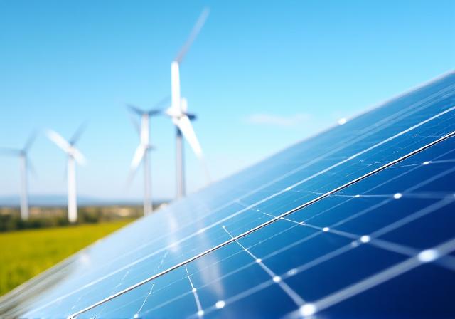 Aerial view of solar panels integrated with wind turbines in a modern farm